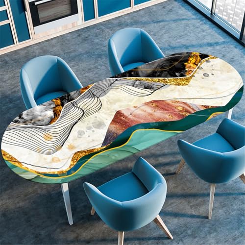 Odot Waschbare Elastische Runde Tischdecke Oval Abwaschbar Spanntischdecke Oval Gartentischdecke Outdoor Oval Tischdecke mit Gummizug, Graffiti Marmor 3D Druck (Beige,107x183cm) von Odot