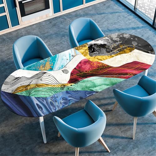 Odot Waschbare Elastische Runde Tischdecke Oval Abwaschbar Spanntischdecke Oval Gartentischdecke Outdoor Oval Tischdecke mit Gummizug, Graffiti Marmor 3D Druck (Bunt,107x152cm) von Odot