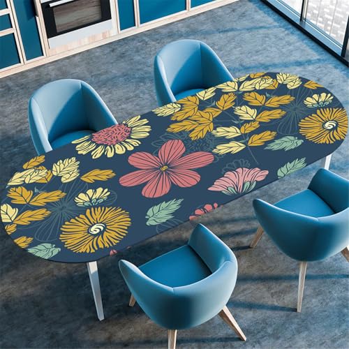 Odot Waschbare Elastische Runde Tischdecke Oval Abwaschbar Spanntischdecke Oval Gartentischdecke Outdoor Oval Tischdecke mit Gummizug, Klassiker Blumen (132x305cm,Retro) von Odot