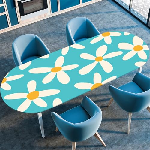 Odot Waschbare Elastische Runde Tischdecke Oval Abwaschbar Spanntischdecke Oval Gartentischdecke Outdoor Tischdecke mit Gummizug - 3D Frühlingsblumen (Blau,107x152cm) von Odot