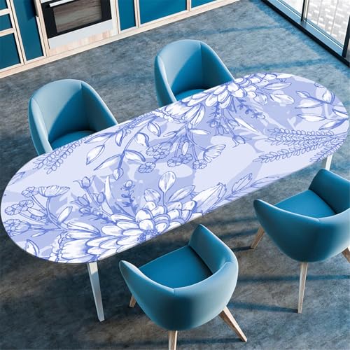 Odot Waschbare Elastische Runde Tischdecke Oval Abwaschbar Spanntischdecke Oval Gartentischdecke Outdoor Tischdecke mit Gummizug - 3D Frühlingsblumen (Blaue Pflanzen,107x183cm) von Odot