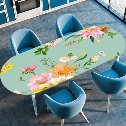 Odot Waschbare Elastische Runde Tischdecke Oval Abwaschbar Spanntischdecke Oval Gartentischdecke Outdoor Tischdecke mit Gummizug - 3D Frühlingsblumen (Pfingstrose Lilie,122x173cm) von Odot