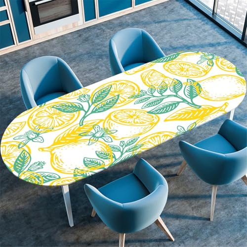 Odot Waschbare Elastische Runde Tischdecke Oval Abwaschbar Spanntischdecke Oval Gartentischdecke Outdoor Tischdecke mit Gummizug - 3D Frühlingsblumen (Zitrone,107x165cm) von Odot