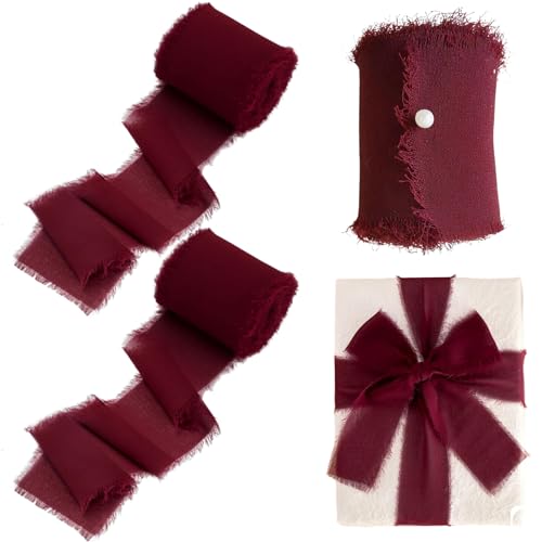 Burgund Chiffon Bouquet Ribbon, 3 Brötchen 2x5 Yards Fransenband mit ausgefransten Kanten, Cuttable Craft für Geschenkverpackung, Hochzeitseinladungen, Blumensträuße und DIY -Projekte von Odoukey