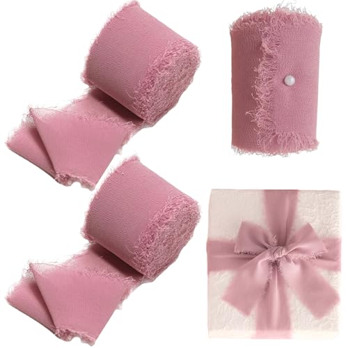 Burgund Chiffon Bouquet Ribbon, 3 Brötchen 2x5 Yards Fransenband mit ausgefransten Kanten, Cuttable -Handwerk für Geschenkverpackung, Hochzeitseinladungen, Blumensträuße, Style 2 2 von Odoukey