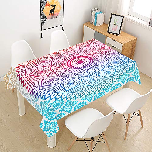 Oduo Tischdecke Wasserdicht Polyester Rechteckig, 3D Orientalischer Mandala-Stil Tischdecke Pflegeleicht Fleckschutz Abwaschbar Indoor Küche Outdoor Garten Deko (rot und Blau,140x180cm) von Oduo