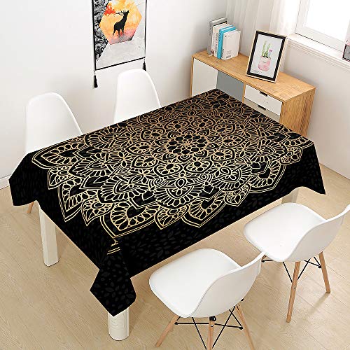 Tischdecke Wasserdicht Polyester Rechteckig, Oduo 3D Orientalischer Mandala-Stil Tischdecke Pflegeleicht Fleckschutz Abwaschbar Indoor Küche Outdoor Garten Deko (schwarzes Gold,140x160cm) von Oduo