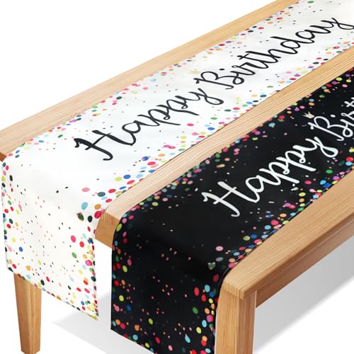 2 Stücke Leinen Happy Birthday Tischdecke Tisch Deko Tischdecke Geburtstag Tischläufer Bunt Gute Zum Geburtstag Feier Tischdecke for Kinde Geburtstag Party Dekoration (Black, White-02) von Oerphh