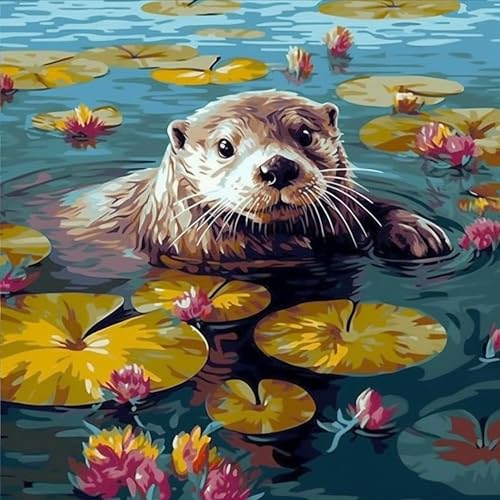 OfFsum Malen nach Zahlen für Erwachsene und Kinder, Anfänger-Kits mit Pinseln und Acrylpigmenten, DIY-Leinwandmalerei, lächelnder Otter, goldene Blumen, 4 40,6 x 50,8 cm, handbemalt, von OfFsum