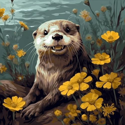 OfFsum Malen nach Zahlen für Erwachsene und Kinder, DIY-Malset mit 40 x 50 cm vorgedruckten, strukturierten Kunstleinwand-Acrylfarben und 3 Pinseln, ideal für Anfänger, lächelnder Otter, goldener von OfFsum