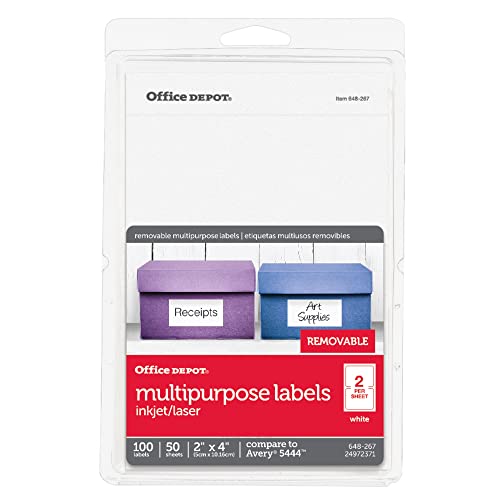 Office Depot OD98813 Etiketten für Tintenstrahl-/Laser, ablösbar, 10,2 x 5,1 cm, Weiß, 100 Stück von Office Depot