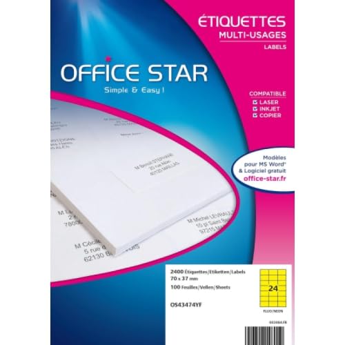 OFFICE STAR - Box mit 2400 selbstklebenden Mehrzweck-Etiketten, Neongelb, 70 x 37 mm, Tintenstrahldrucker oder Laser – (OS43474YF) von Office Star Products