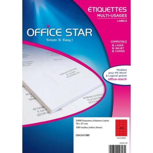 OFFICE STAR - Box mit 2400 selbstklebenden Mehrzweck-Etiketten, Neonrot, 70 x 37 mm, Tintenstrahl- oder Laserdrucker (OS43474RF) von Office Star Products