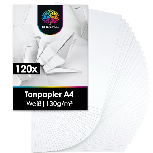 OfficeTree 120 Blatt Tonpapier Weiß A4 130g/m² Weißes Bastelpapier - Tonkarton A4 Weiß zum Basteln und Gestalten von OfficeTree