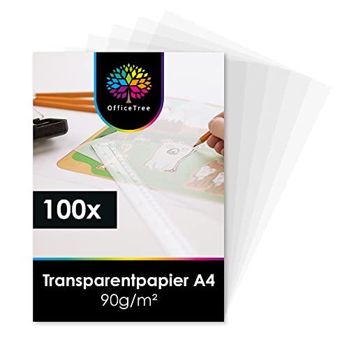 OfficeTree 100 x Transparentpapier, A4, 90 g/m², transparent, bedruckbar, zum Zeichnen, Basteln – Transparentpapier A4 – bedruckbares Transparentpapier – Transparentpapier A4 von OfficeTree