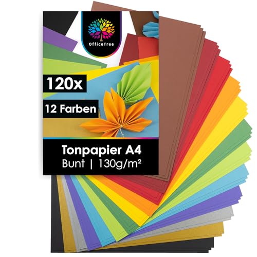 OfficeTree 120 x Tonpapier A4 Bunt 130g - 12 Farben - Buntpapier zum Basteln - Bastelpapier Bunt von OfficeTree