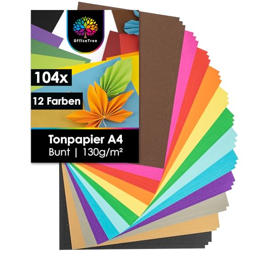 OfficeTree 104 x Tonpapier A4 Bunt 130g - 12 Farben - Buntpapier zum Basteln - Bastelpapier Bunt von OfficeTree