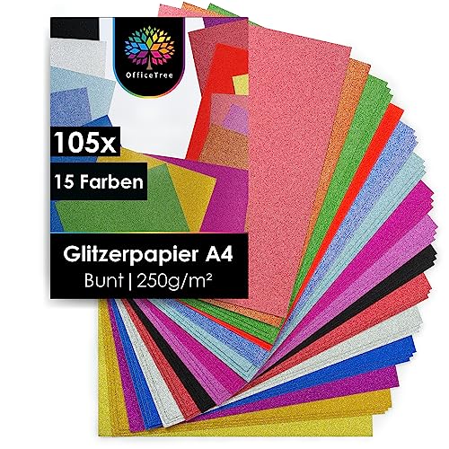 OfficeTree 105 x Glitzerpapier zum Basteln A4-15 Farben 250g/m² - Glitzer Papier A4 Bunt - Glitzer Bastelpapier - Glitzer Karton zum Basteln und Gestalten von OfficeTree