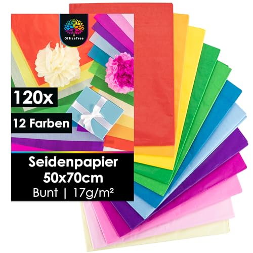 OfficeTree 120 Blatt Seidenpapier 50x70 cm - 12 Farben - 17g/m² - Seidenpapier Bunt zum Basteln - Seidenpapier Verpackungsmaterial für Geschenktüten - Seidenpapier Verpackung - Seidenpapier groß von OfficeTree