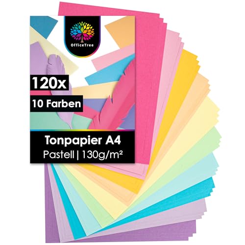 OfficeTree 120 Blatt Tonpapier Pastell A4 Papier 130g - 10 Farben - Bastelpapier Pastellfarben zum Basteln, Falten & Drucken - Papier Pastell - Bastelpapier Pastell - Tonpapier Pastellfarben von OfficeTree