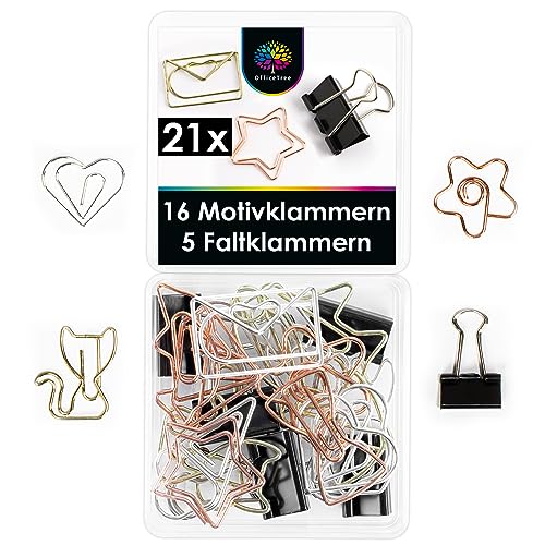 OfficeTree 16 x Büroklammern Motiv - Lustige Büroklammern Set inklusive 5 Foldback Klammern Klein - Binder Clips - Schreibtisch Büroklammern Deko in praktischer Aufbewahrungsbox (Metallic) von OfficeTree