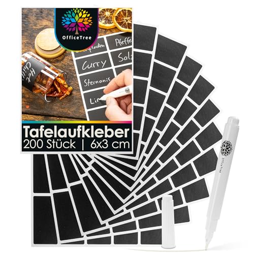 OfficeTree 200 x Tafelaufkleber zum Beschriften inklusive Kreidestift - 6 x 3 cm - Tafel Aufkleber zum Beschriften - Schwarze Etiketten Selbstklebend für Küche Gläser Flaschen von OfficeTree