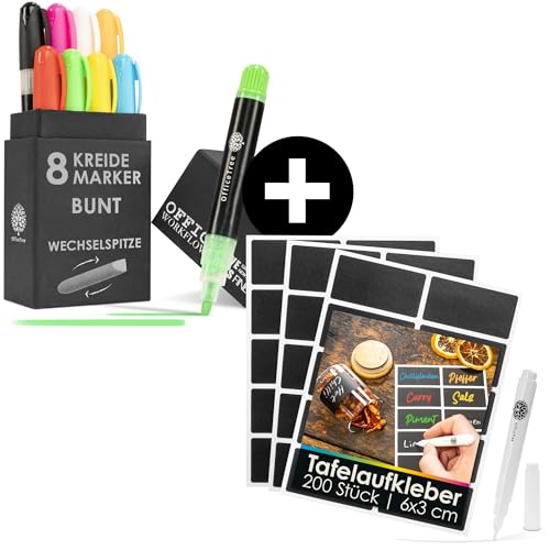 OfficeTree 200x Tafelaufkleber zum Beschriften & 8x Kreidemarker Bunt - 6x3 cm schwarze Etiketten zum beschriften - Beschriftung Vorratsdosen Gläser Flaschen - Tafel Aufkleber zum beschriften von OfficeTree