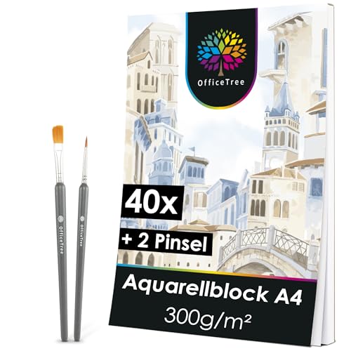 OfficeTree Aquarellpapier A4 – 40 Blatt – Aquarellpapier 300 g – Aquarellbogen A4 – Aquarellblock – weißes Zeichenpapier – Malbogen – mit 2 kostenlosen Pinseln – Watercolor Paper von OfficeTree