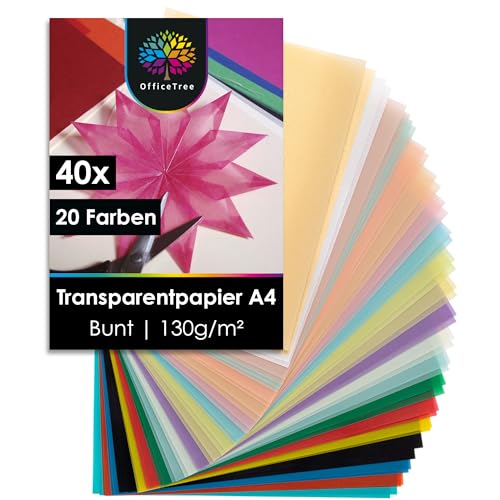 OfficeTree 40 x Transparentpapier Bunt A4 - Pergamentpapier Bunt 20 Farben inkl. Gold & Silber - Buntes Transparentpapier zum Basteln von Laternen von OfficeTree