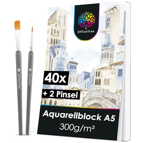 OfficeTree 40x Aquarellpapier A5 300g - Aquarellblock A5 - Zeichenblock Aquarell Papier A5 - Malblock A5 - Aquarellfarben Papier - Watercolor Paper - Aquarellpapier Block A5 inklusive 2 Pinsel von OfficeTree