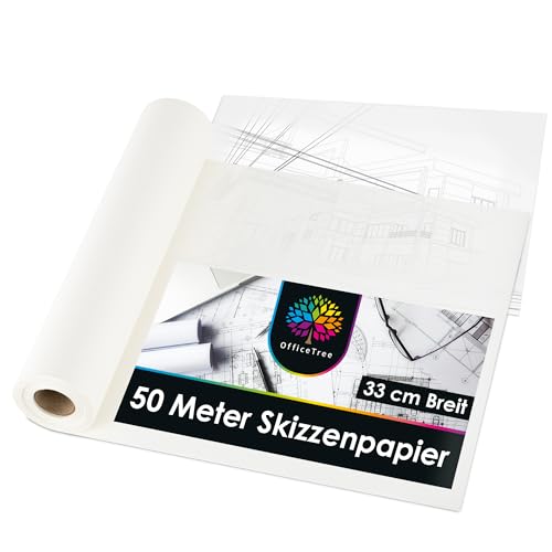 OfficeTree 50m Transparentpapier Rolle Weiß - Skizzenrolle 33cm breit 40g - Schnittmusterpapier Rolle - Pergamentpapier Rolle - Pauspapier für Schnittmuster - Architektenpapier Rolle - Pattern Paper von OfficeTree