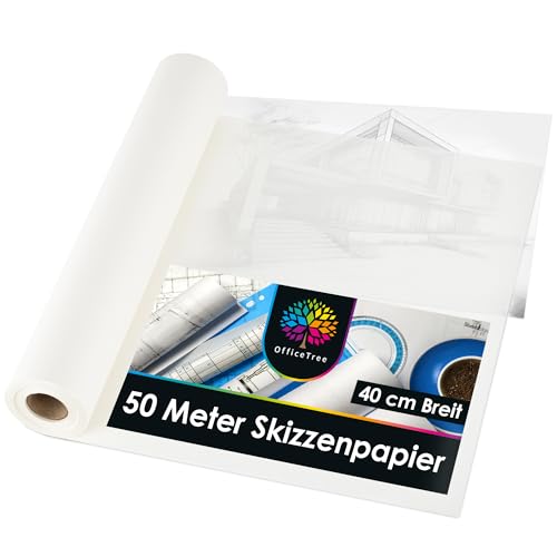 OfficeTree 50m Transparentpapier Rolle Weiß - Skizzenrolle 40cm breit 50g - Schnittmusterpapier Rolle - Pergamentpapier Rolle - Pauspapier für Schnittmuster - Architektenpapier Rolle - Pattern Paper von OfficeTree