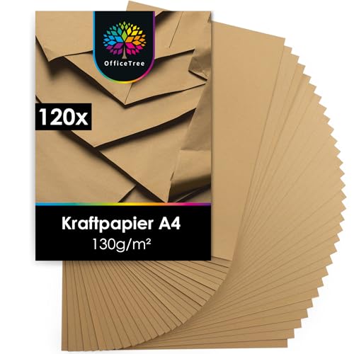 OfficeTree 120x Kraftpapier A4 130g - Craftpapier A4 - Kartonpapier zum Basteln Hochzeit Einladungen, Menükarten - Kartonpapier A4 - Braunes Papier A4 - Craft Papier zum Drucken und Schreiben von OfficeTree