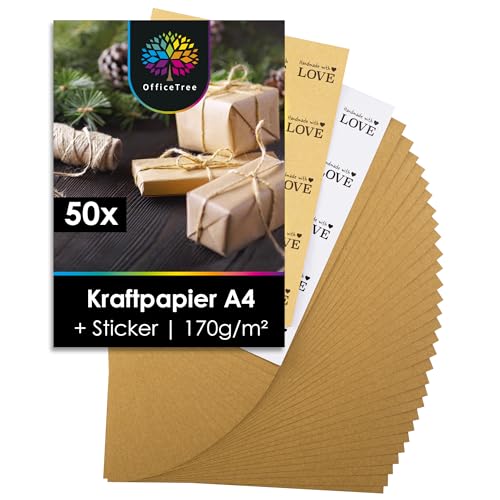 OfficeTree 50 x Kraftpapier A4 inklusive Sticker Set - Craftpapier A4 - Kartonpapier zum Basteln Hochzeit Einladungen, Menükarten - Braunes Papier A4 - Craft Papier zum Drucken und Schreiben von OfficeTree