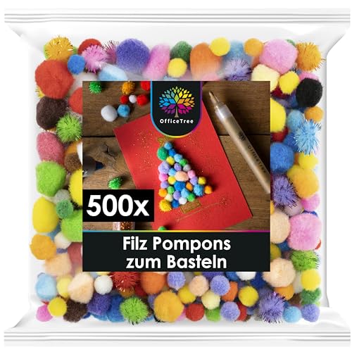 OfficeTree 500 Bunte Pompons zum Basteln Mix - Filzkugeln Bunt verschiedene Größen - Pompoms zum Basteln für Kinder und Erwachsene - Dekorieren Verzieren Nähen DIY von OfficeTree