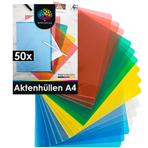 OfficeTree 50x Aktenhüllen Farbig Glasklar - Einsteckhüllen A4 Genarbt - Sichthüllen A4 Seitlich Offen - Bunte Klarsichthüllen A4 - Einschubhüllen Schützen vor Knicken & Schmutz - Made in Germany von OfficeTree