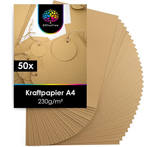 OfficeTree 50x Kraftpapier A4 230g - Craftpapier A4 - Kartonpapier zum Basteln Hochzeit Einladungen, Menükarten - Kartonpapier A4 - Braunes Papier A4 - Craft Papier zum Drucken und Schreiben von OfficeTree