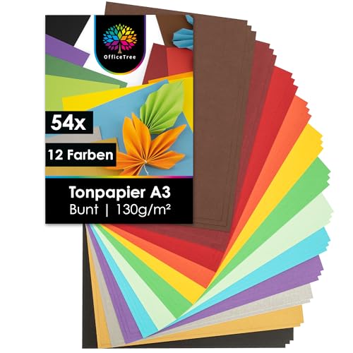 OfficeTree 54 x Tonpapier A3 Bunt - 12 Farben - inkl. 2 Gold- und 2 Silberbögen - Buntes Bastelpapier 130g/m² - Tonkarton zum Basteln und Gestalten von OfficeTree