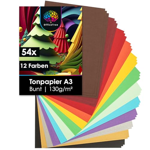 OfficeTree 54 x Tonpapier A3 Bunt - 12 Farben - inkl. 2 Gold- und 2 Silberbögen - Buntes Bastelpapier 130g/m² - Tonkarton zum Basteln und Gestalten von OfficeTree