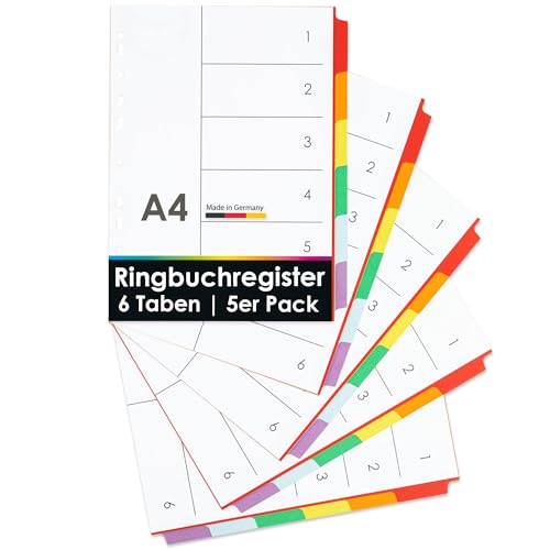 OfficeTree 5x Ringbuch Register DIN A4 mit 6 Taben - Register für Ordner A4 Farbig - Ordner Trennblätter - Karton Register DIN A4 mit Multilochung für Ordner oder Ringbuch von OfficeTree