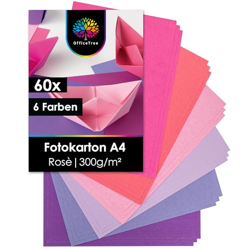 OfficeTree 60 Blatt Fotokarton A4 Rosé Töne - 300g - 6 Farben - Bastel Karton Rosa zum Basteln & Drucken - Fotokarton 300g Rosa Papier - Tonpapier Rosa - Tonpapier Pink - Rosa Tonpapier von OfficeTree