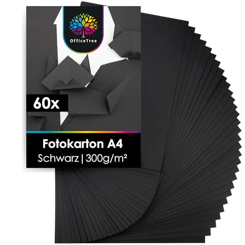 OfficeTree 60 Blatt Fotokarton A4 Schwarz 300g - Fotokarton Schwarz A4 zum Basteln, Schneiden & Scrapbooking – Lignin- & Säurefrei - Schwarzer Karton A4 - Tonkarton Schwarz - Schwarze Pappe A4 von OfficeTree