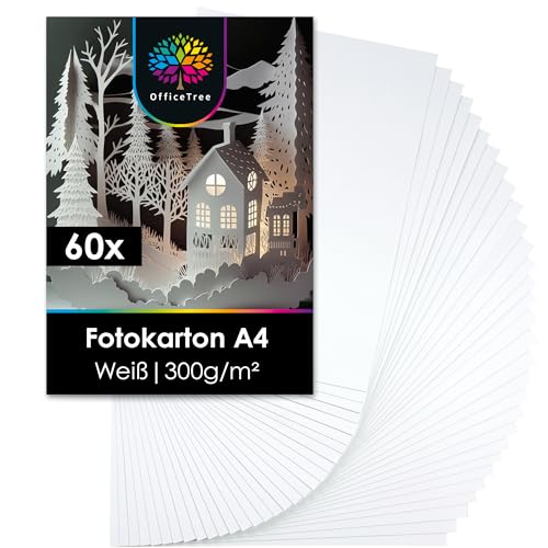 OfficeTree 60 Blatt Fotokarton A4 Weiß 300g - Fotokarton Weiß zum Basteln, Schneiden & Drucken - Lignin- & Säurefrei - dickes Papier A4 zum drucken - Bastelkarton Weiß A4 - dickes Druckerpapier von OfficeTree