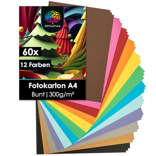 OfficeTree 60 x Bastelkarton A4 300g - 12 Farben - Tonkarton A4 Bunt - Pappkarton - Pappe zum Basteln - Fotokarton A4 300g von OfficeTree