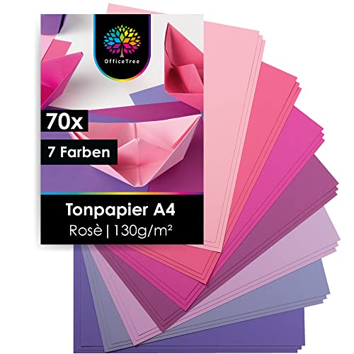 OfficeTree 70 Blatt Tonpapier Rosa A4 130g - 7 Farben - Bastel Papier Rosa zum Basteln, Falten & Drucken - Rosa Papier - Rosa Tonpapier - Tonpapier Pink - Lila Papier - Karton Rosa von OfficeTree