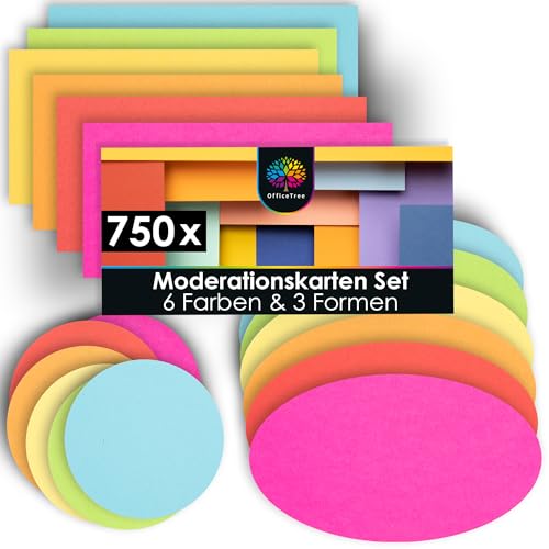 OfficeTree 750x Moderationskarten Set - 6 Farben - Rund, Oval & Rechteckig - Metaplankarten - Präsentationskarten - Moderationsset als Seminar Zubehör für Moderationskoffer Präsentation und Vortrag von OfficeTree