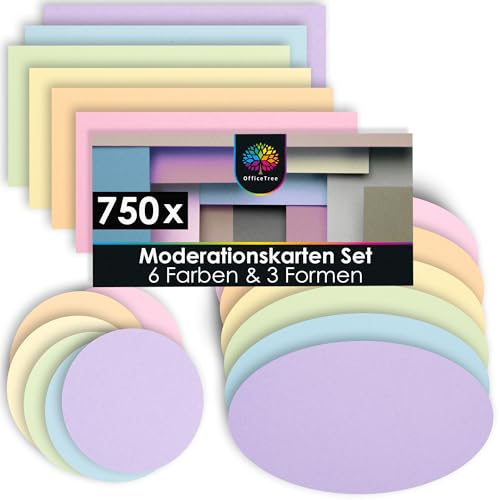 OfficeTree 750x Moderationskarten Set - Pastell Farben - Rund Oval & Rechteckig - Metaplankarten - Präsentationskarten - Moderationsset als Seminar Zubehör für Moderationskoffer und Präsentation von OfficeTree