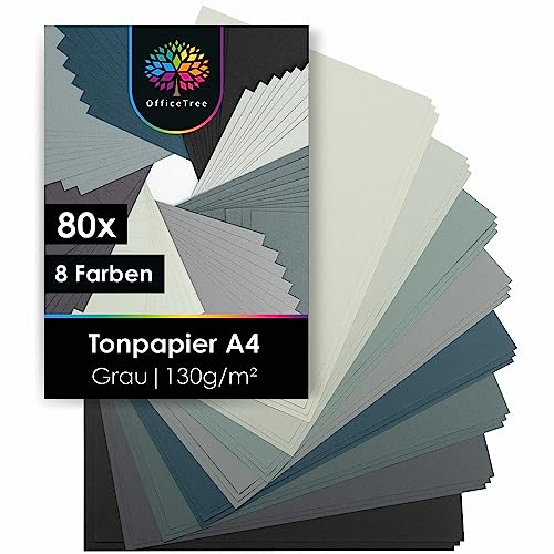 OfficeTree 80 x Tonpapier Grau A4 - Bastelpapier 130g/m² - 8 Grautöne - Fotokarton A4 zum Basteln und Gestalten - Tonpapier Grautöne - Graues Papier - Tonkarton Grau - Fotokarton A4 Grau von OfficeTree