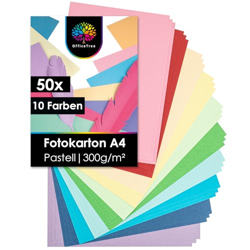 OfficeTree 60 x Tonkarton Pastell A4 - Tonpapier Pastellfarben 300g/m² - 10 Farben - Tonpapier A4 - Fotokarton A4 zum Basteln und Gestalten von OfficeTree