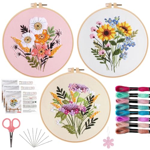 OFFIZON 3-teiliges Stickset für Anfänger – Kreuzstich-Bastelset, Blumenstickerei-Zubehör und Reifen inklusive, Handstickerei-Set für Erwachsene, Nähset, Geschenk, Blumen-B-Muster von Offizon